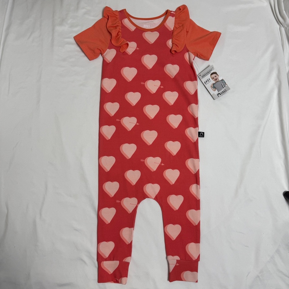 NWT RAGS Romper Orange and Pink Hearts with Ruffle Sleeves 2T